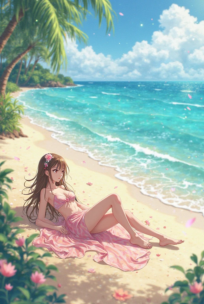 A vibrant, detailed image of Sakura Haruno from the anime Naruto, relaxing on the beach in a white bikini. She is lying down, with her eyes closed, enjoying the hot sun to get a tan. Her body is on display, showing her athletic and feminine shape. The surrounding scenery is a paradisiacal beach, with fine white sand, turquoise sea and some palm trees in the background. The sun shines brightly in the clear sky, creating an interesting contrast with Sakura's tanned skin. The image should convey a feeling of tranquility and natural beauty.