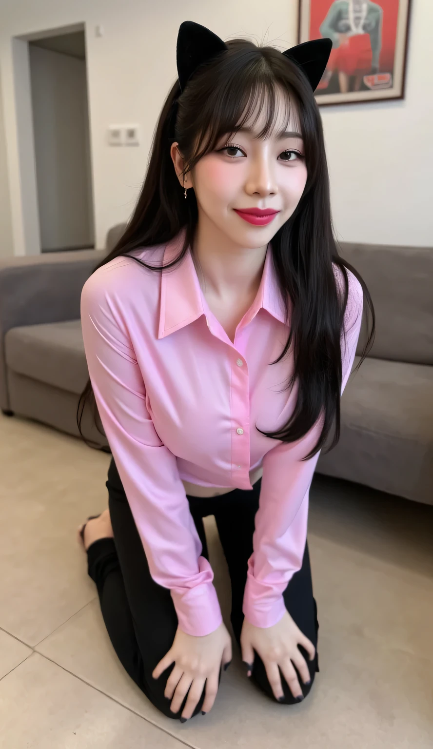 a woman, was in the living room, kneeling with palms touching the floor, posisi doggystyle, shirt looks full body,  body facing the camera , eyes looking at camera , wearing pink satin muslim shirt, black satin material leggings, big , thick red lips, seductive smiley face,  slim waist, visible curves, black bangs, using a cat ear band with a cat tail behind the waist