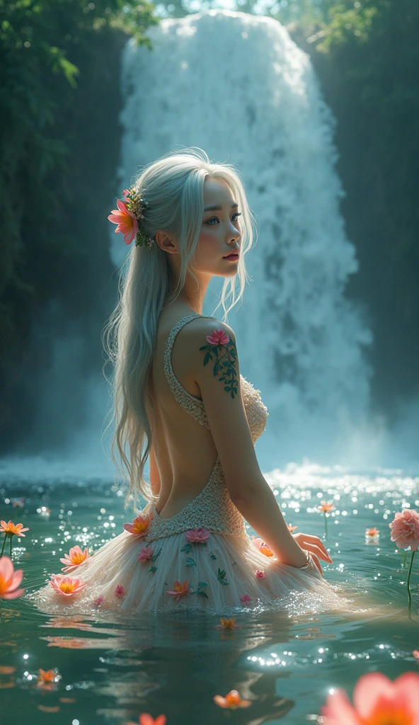 bed over water, stunning masterpiece, full body photo, platinum hair, long curly hair, real water, transparent fabric fused with water, Bathing in a river pond, extremely detailed art, blushing, water running down the body, small breasts, sexy erotic legs, sexual arousal, sexual expression, Radiant skin, intricate, Elegant and highly detailed digital photography, majestic and surreal painting, Golden butterfly filigree, broken glass, sidelit, beautiful finely detailed eyes: 1.2), The best quality , expressive eyes looking askance, perfect face looking absentmindedly, Portrait of a beautiful goddess with platinum hair, majestic, Plants and flowers: 0.7) infinity, Infinity symbol, Perfect face, Very detailed face and body, 18 years old , dark brown eyes, big eyes, lying on back over a pond, pink lips, bald pussy, illuminated in contrasting turquoise and crimson, beautiful and aesthetic: 1.2), (1 girl), extremely detailed, (Fractal art: 1.3), colored, More Detailed, beautiful goddess lying on a water bed, girl lying on water waves, floating bed in a pond, art in three interlocking surreal circles, floating bubbles, Caucasian girl with shiny silver hair, full female body, tattoos of mandalas and oriental flowers , transparent dresses, skin wet with water, toes submerged in water, fantasy, Flowers and roses, Beautiful girl with a slight smile, lamp light, lantern, magic, Old floating clock, visible, rose, mandala tattoos and flowers on the naked body, Front view, three interlocking circles form a work of art, magical circles, girl within several circles, long hair merged in water, surreal magical dream, Image rich in details, Clear, painting oil painting, red lipstik , Dramatic lighting, extremely realistic, 8k, Crazy details, intricate, Bokeh, Taken with a 60mm lens, ISO 300, f/4, 1/200th, vivid colors, by Pino Daeni, Vincent Van Gogh, Luis Royo, Frank Frazetta
