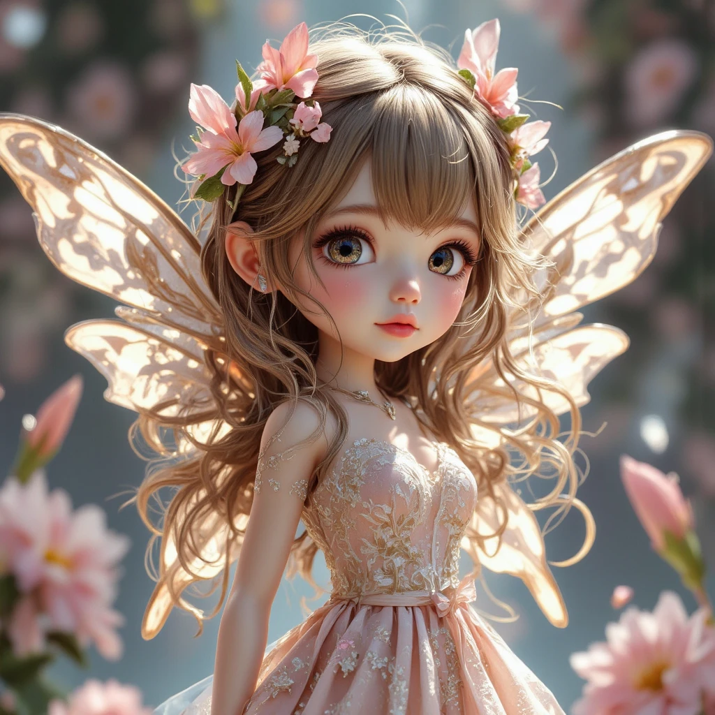 small fairy, plays on large tuberous, flowers in the background, high angel pov 120mm, macro shot, depth of field, soft front light, glow, HDR, (muted colors:1.2), Canon RF 100mm F2.8L Macro IS USM
