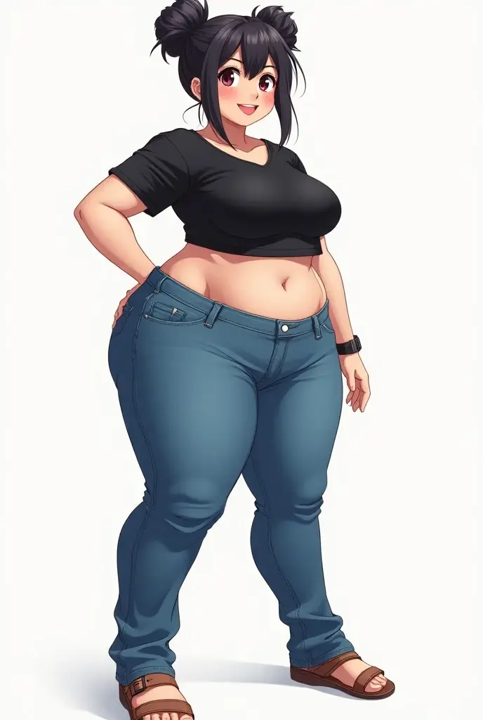 art by kipteitei, 1girl, curvy girl, thicc, biker girl, leather jacket, fat ass, navel piercing, hair accesories, wide hips, blue wide jeans