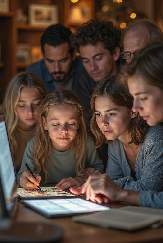 (Highest quality, Ultra HD, 16k, Masterpiece) , children and grandparents gathered around a computer