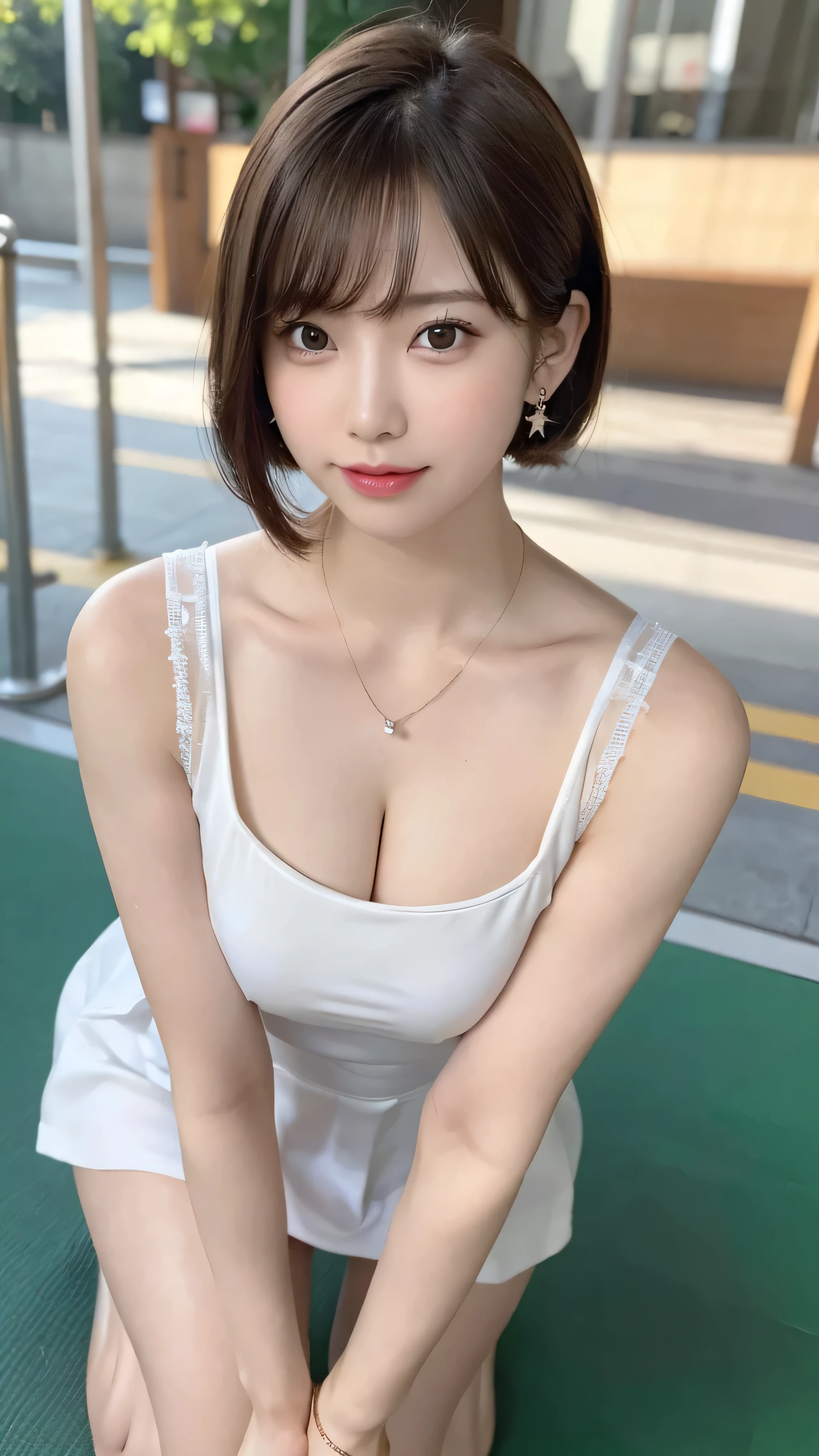 ((JK_lure_dress3)),((Highest quality, 8K, masterpiece :1.3)), 1 innocent girl:1.3, (short hair,Beautiful breasts :1.2 , Highly detailed face, Beautiful Eyes, double eyelid,whole body,Cute face,(Sitting),(Realistic Face),(Realistic Skin),Smart Body,Hips facing forward,half Japanese and half European,Innocent face、Raise your arms back