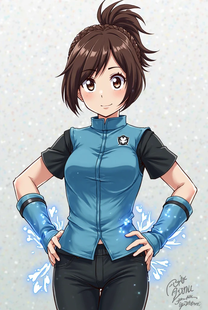 Hurricane Blue、Hurricane Jar、Brown Hair、short hair、((pantyhose))、Picture below、Medium Chest、(Spread your legs), between legs, outdoors, sun, smile, full body, standing