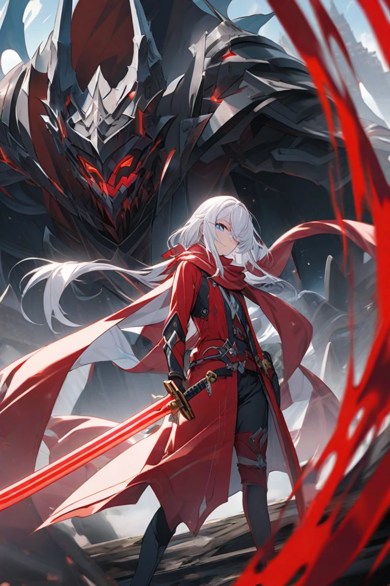 Male,5'4,pierced pointy ears,light skin,red eyes,red long hair half up half down,red and white armour ,dark magic,on a battlefield with darkness in his eyes as a dark magic aura surrounds him