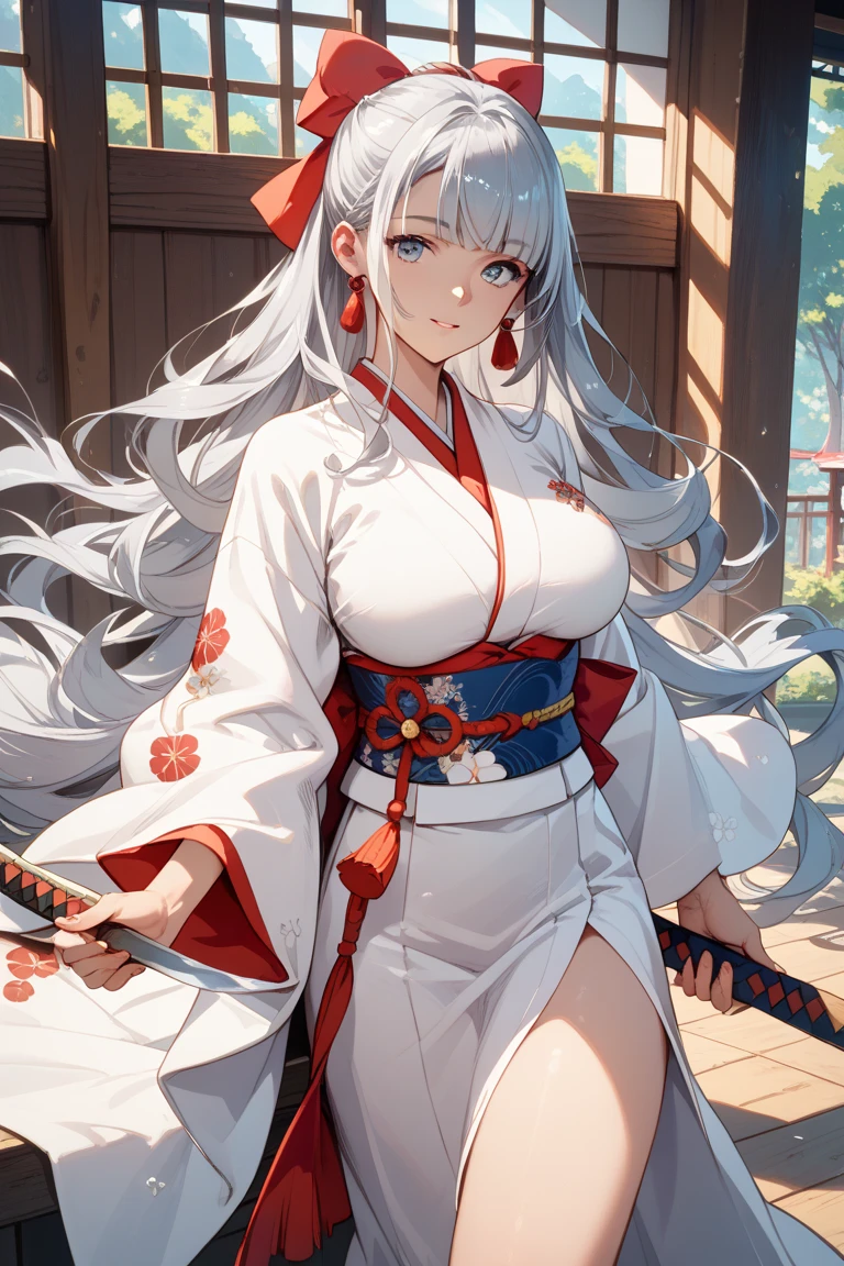 A kimono that exposes the chest、Cleavage、No bra、Thighs、17 years old、Holding a Japanese sword in one hand、Beautiful Girl Swordsman((E Cup、Long silver hair)、Cherry blossom background