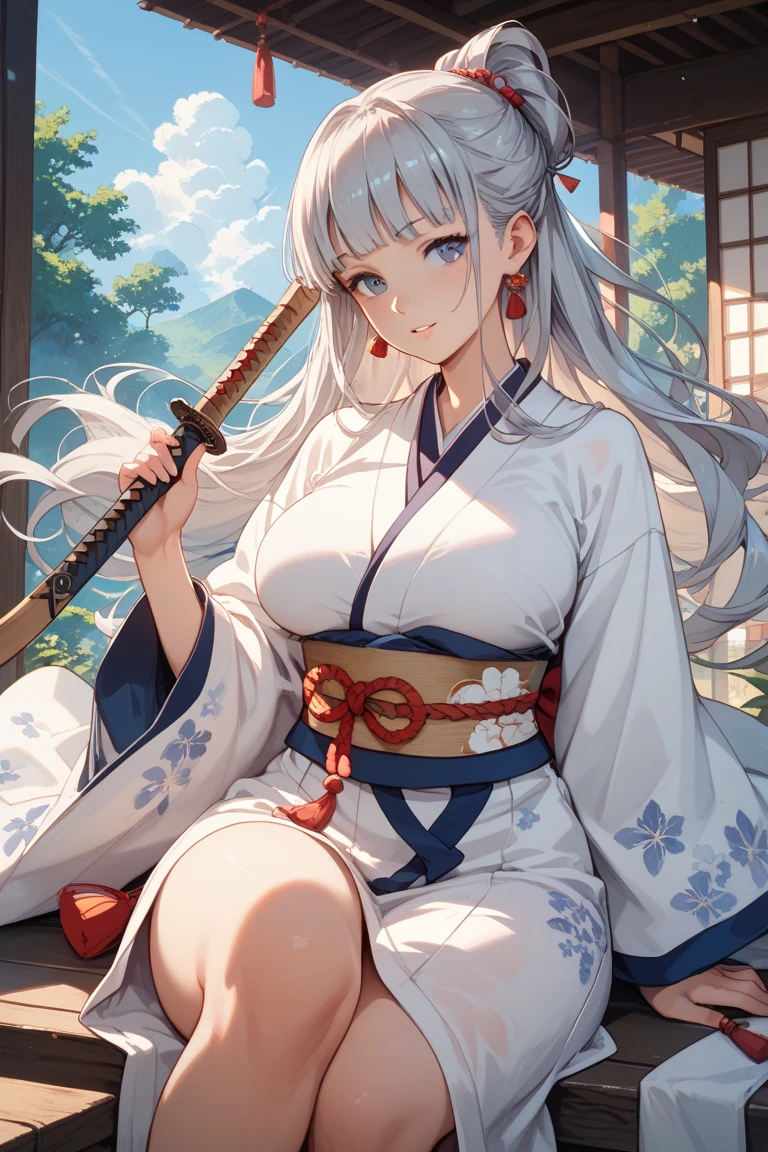 queen of the ainu、cute、Ainu pattern clothes、White and silver clothes、Ainu pattern、has a spear