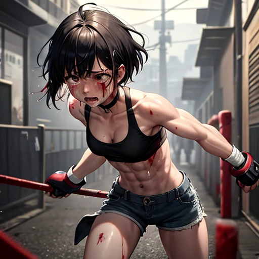 A young and cute Japanese street fighter。Cornered against the wall of an alley、Being hit by someone。Short black hair。Sweating a lot。Covered in blood。One eye closed。shortness of breath。Drooling from the mouth。Sports Bra。Denim shorts。Open Finger Gloves。