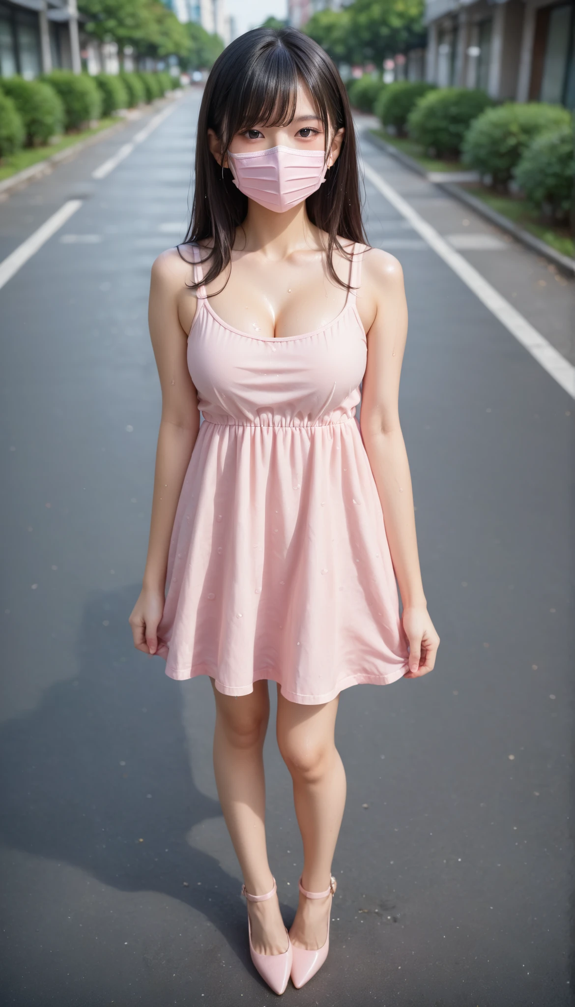 score_9, score_8_up, score_7_up, super detailed,high resolution , 32K, masterpiece , Best Quality, super high definition , detailed beautiful face and eyes,Koetsu, beautiful Japanese women, black hair with a young pattern, home cut hair, wet body, wet hair , (pink tank dress、 pink masks、 high heels for age 20:1.3)、 Big Breasts :1.5,the above,plump、oily skin:1.tanding、((Slender body line')