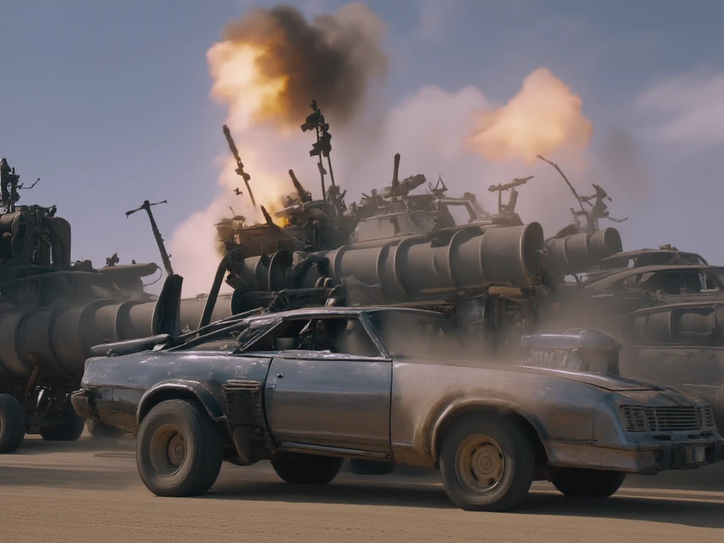 Fist of the North Star,large group of men with mohawk hair、everyone is driving in a car、Car Racing、Terrible Expressions、expression of sadness、frightened expression、Mr.々A car with a unique design with such attachments、A production with a sense of speed、shout、Dust cloud、Many spectators are present、realistic、masterpiece、Best Quality、uncensored