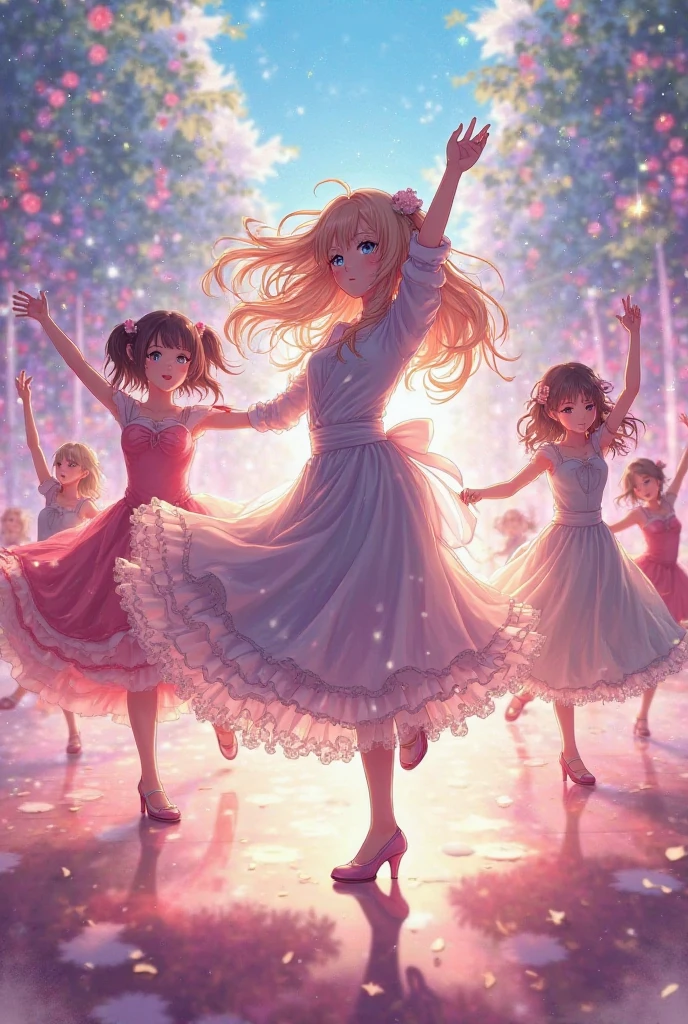In the garden full of flowers, Under the sunlight, Girls in floral dresses are dancing