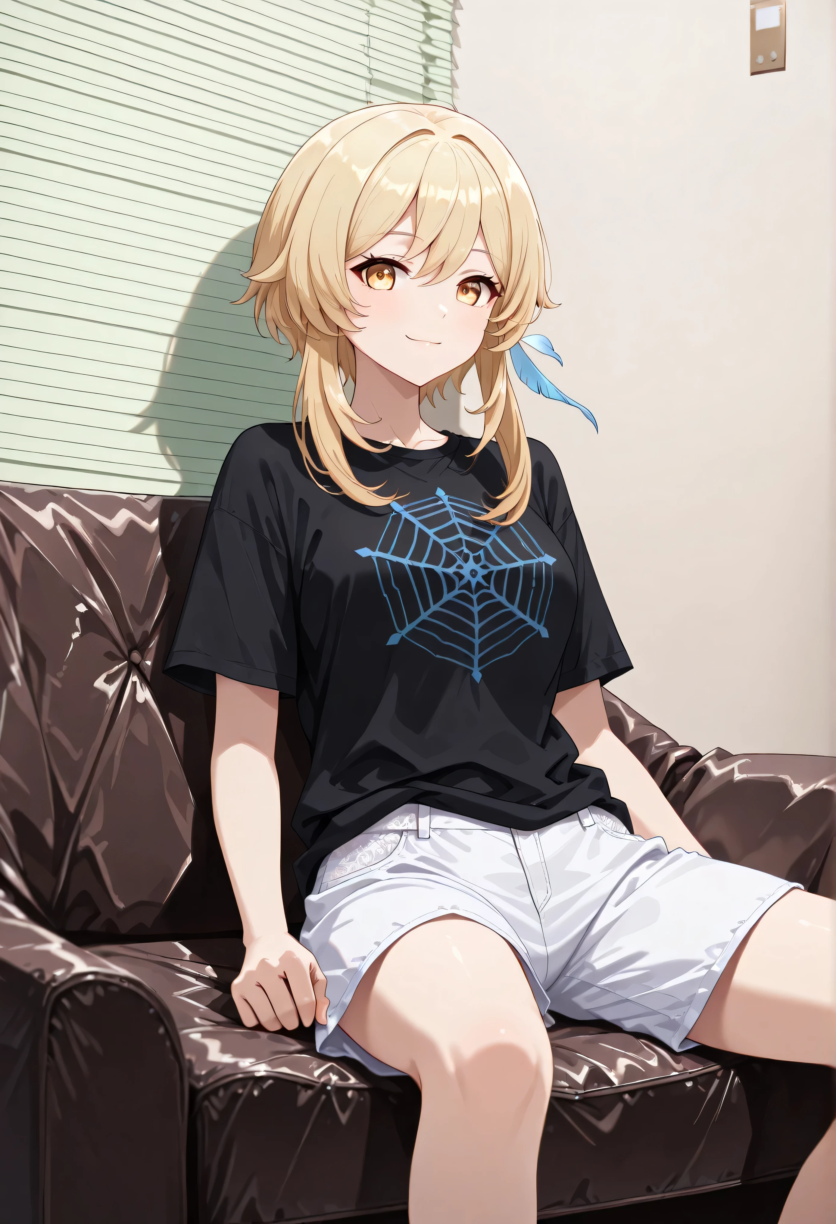 character_Lumine_Genshin Impact, ,BREAK ,1 girl, senpai's interview, sitting, cowboy shot, on couch ,indoors, looking at viewer, little smile ,simple Black T-shirt ,White shorts, (From diagonally ahead), sitting black sofa ,Light green blinds ,simple white wall ,
booster ,detailer ,Illustrious ,Design ,((High Construction)) ,Hi-Res CG Unity 8K Wallpaper, super high accuracy , high accuracy , Half photo , Silk Embroidery and Film Grain , Best Quality ,8k, viewer , ((masterpiece)), ((Best Quality )), (high accuracy ), ((high accuracy)), (Detailed Features), (beautiful), amazing shading, cinematic lighting, high resolution , absurdres , Fashion photography , newest , hyper-detailed , realism , depth of field, extremely clear image , contrasts of light and shadow , 2 . 5D , artistic photography , hyper realistic
