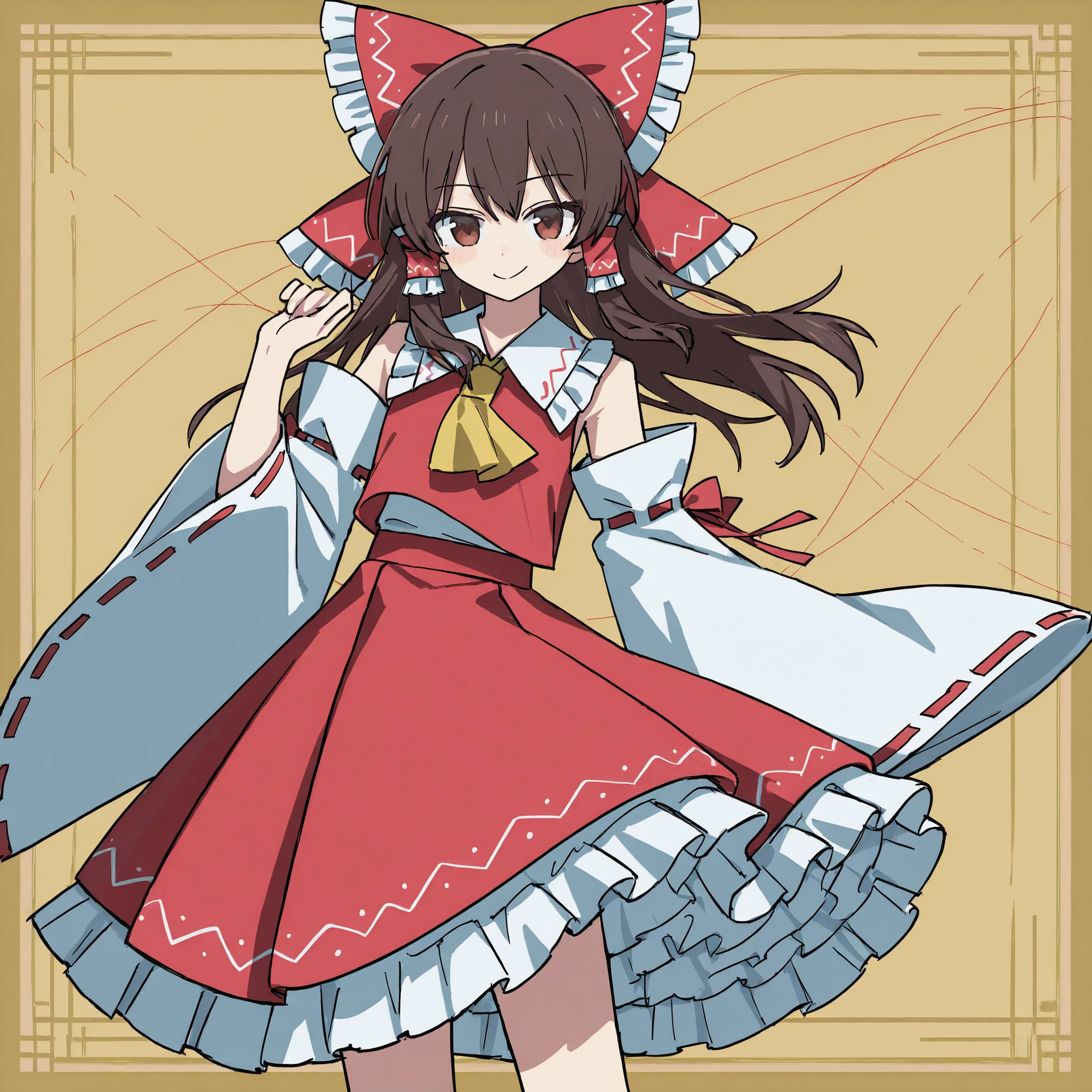 hakurei_reimu,1girl,solo,detached sleeves,hair bow,red bow,ascot,hair tubes,skirt,frills,red skirt,yellow ascot,wide sleeves,standing,frilled bow,red shirt,frilled skirt,ribbon-trimmed sleeves,frilled shirt collar,bare shoulders,red vest,petticoat,nontraditional miko、こっちを見る、Channel style、高画質、魅力的なポーズ、smile、口を開けて笑う、楽しげな表情、顔の特徴をよく描写する、4Kの高解像度、高解像度, 目にハイライト