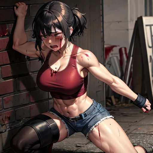 A young, cute, bloody, bruised, sweaty Japanese female street fighter and a male fighter in a back alley fighting each other. She is cornered against the wall. She is being raped by him. She has short-cut black hair. She is crying. Both eyes closed. Short of breath. Drooling from the mouth. Naked. Denim shorts. Open finger gloves. Erect nipples.