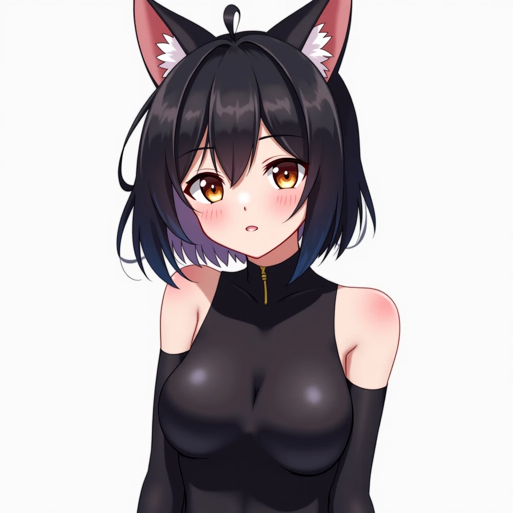 a beautiful short haired nekko girl. Her hair is soft,black and silky, with a golden hue that shines in the sunlight. His almond-green eyes look at you with curiosity and a hint of mischievous amusement.. His face is delicate and welcoming, with rosy cheeks that contrast with her soft and fair skin. Her lips are pink and tempting, inviting you to taste its sweetness. Her body is slim and curvy, with a slightly small and juicy breast, and a narrow waist that highlights her sensual hips. Her pointy, furry ears move gracefully as she smiles., and his fluffy tail sways with every movement. It is a charming and tempting vision that awakens your deepest desires..