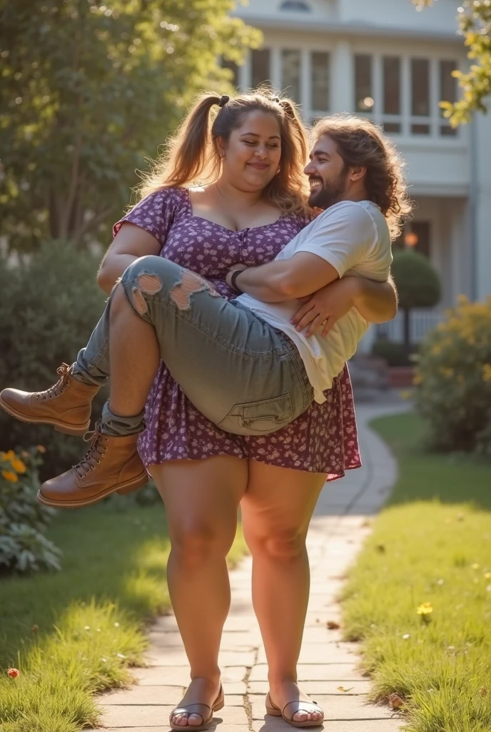 Chubby fat bbw nerdy latina young woman (20 years old), chubby belly, long straight black hair, wearing red shirt and blue jeans, Golden necklace,man hugging from behind, romantic kissing, passion Kiss, smiley expression,with several tall men, 4 men, in university campus, full body picture, view from behind