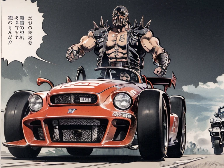 Jagi from Fist of the North Star、Many Mohawk men in racing cars、Mr.々A car with a unique design with such attachments、fear、hatred、realistic、A production with a sense of speed、shout、Dust cloud、lots of spectators、race venue、Mario Kart、masterpiece、Best Quality、uncensored