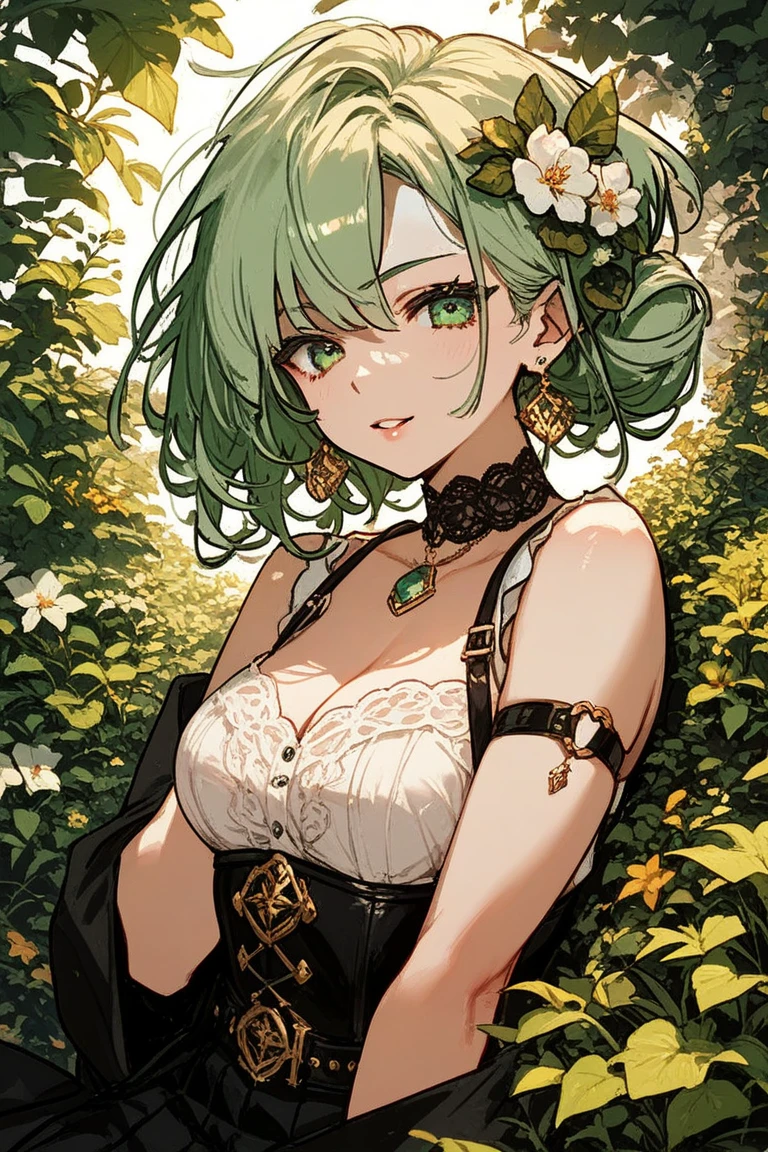 Green hair、Background white、Photorealsitic, hight resolution, 1 rapariga, Korea person, Heterochromia eyes, a purple eye、Blunt bangs、、1girl in, masutepiece, Best Quality, High quality, bob cuts、Ahegao、