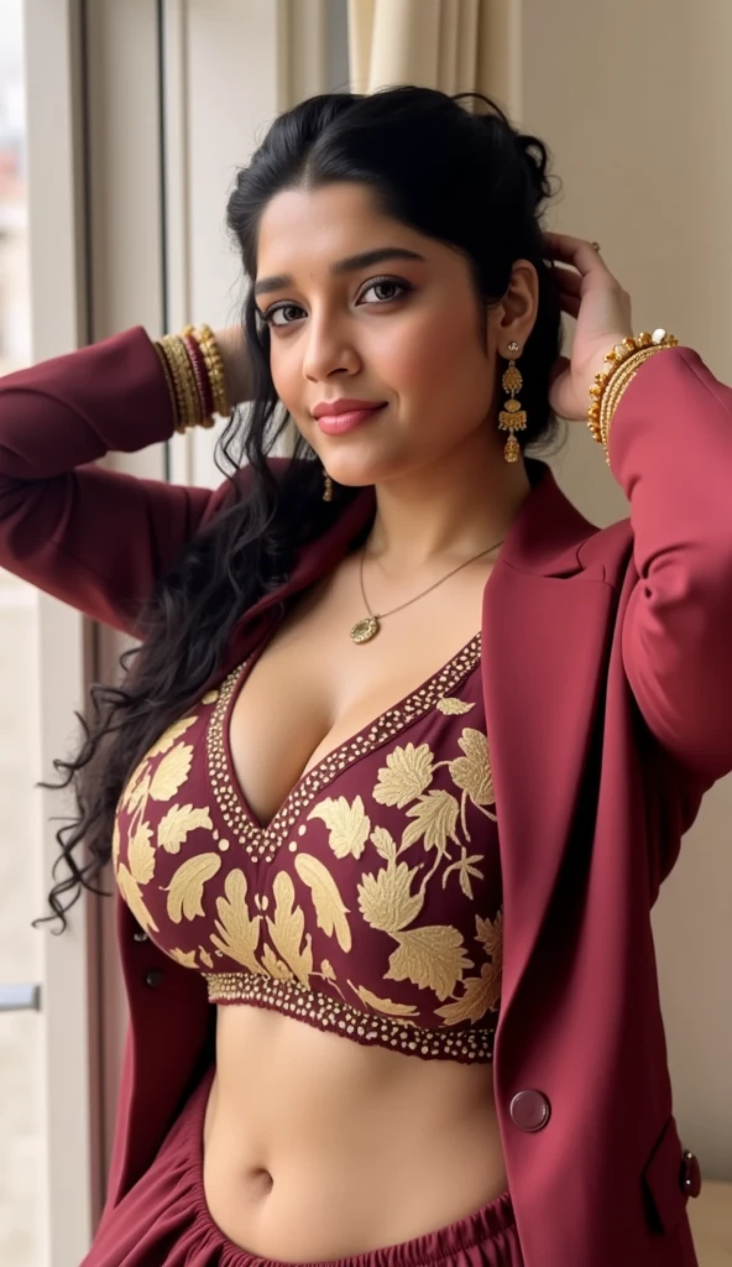 No extra hands,A glamorous Indian bride with a voluptuous, curvaceous figure,Hair tied up,She is showing dark armpits as her hands are on head,She is having big huge enormous gigantic humgous breast,Sexy navel ,sexy deep cleavage,hair bun,standing in a bedroom for honeymoon,She is Biting her lips with teeth,she has sensual sexy face, showing dark armpits,She has a sexy, moaning facial expression, with wet, oily, sweaty skin and wet, curly hair.Numerous bangles adorn one hand, while a smartwatch is on the other. Her breasts are popping out and her nipples are visible. She is a mature, 30-year-old bhabhi with a flat stomach, a big, curvy ass, and an enormous, fluffy, natural bust. (best quality, 4k, 8k, highres, masterpiece:1.2), ultra-detailed, (realistic, photorealistic, photo-realistic:1.37), detailed eyes, detailed lips, extremely detailed face, long eyelashes, realistic skin, beautiful colors, natural lighting, elegant pose, cinematic composition, detailed fabric, background inside a sexy bedroom big window city view