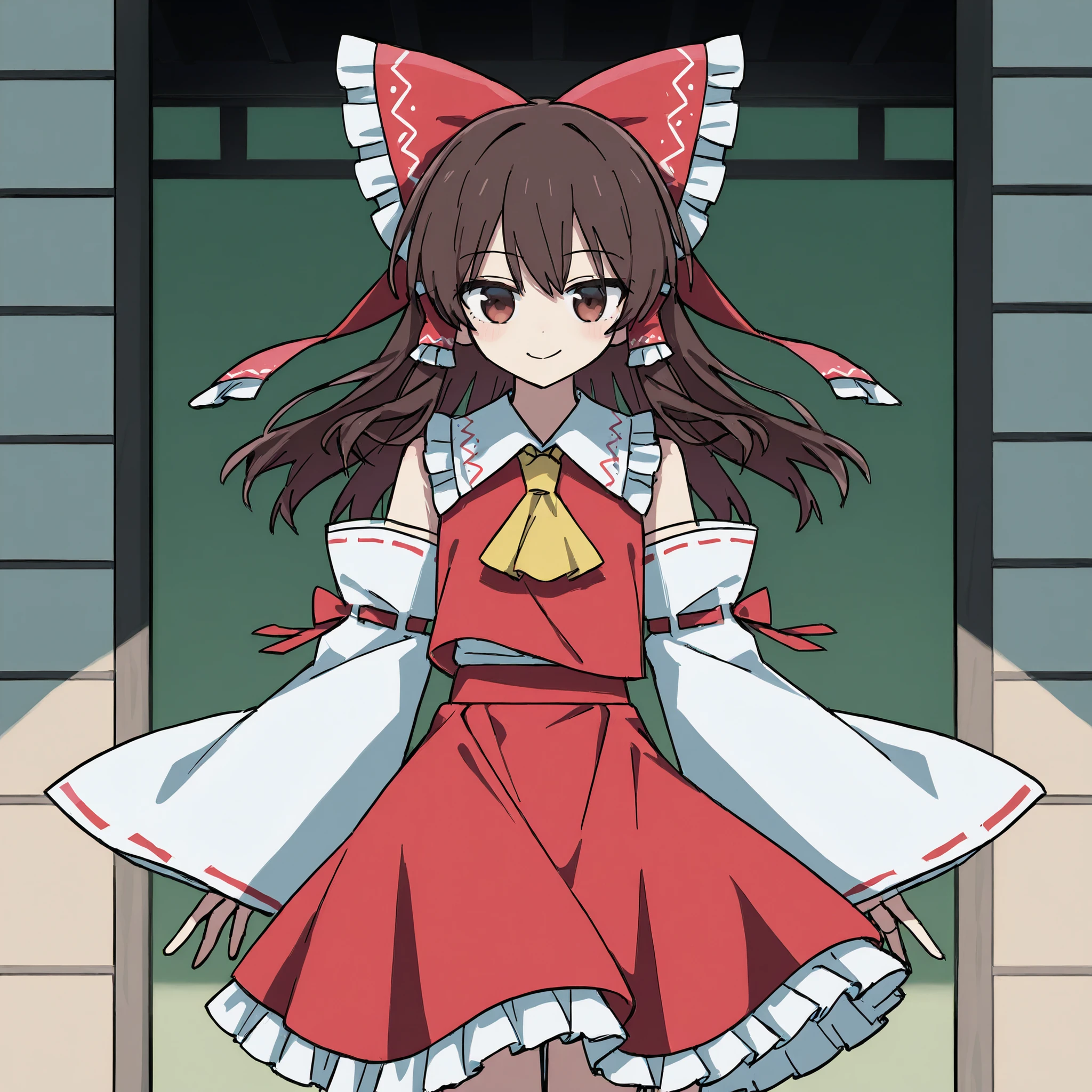 hakurei_reimu,1girl,solo,detached sleeves,hair bow,red bow,ascot,hair tubes,skirt,frills,red skirt,yellow ascot,wide sleeves,standing,frilled bow,red shirt,frilled skirt,ribbon-trimmed sleeves,frilled shirt collar,bare shoulders,red vest,petticoat,nontraditional miko、こっちを見る、Channel style、高画質、魅力的なポーズ、smile、口を開けて笑う、楽しげな表情、顔の特徴をよく描写する、4Kの高解像度、高解像度, 目にハイライト