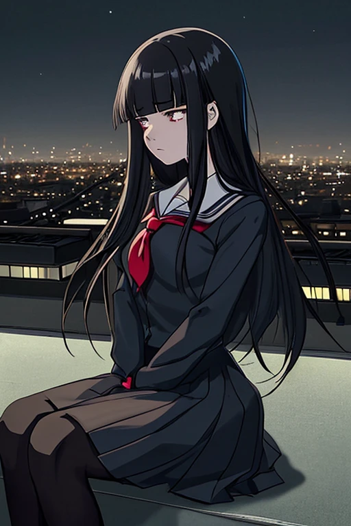 (night Mitaka)、uniform、(Big scar on face).Cool Beauty、Long black hair、Triumphant Face、skinny、From the waist up、(night)、Sailor suit、(Red eyes).chainsaw man、(YoruMitaka)