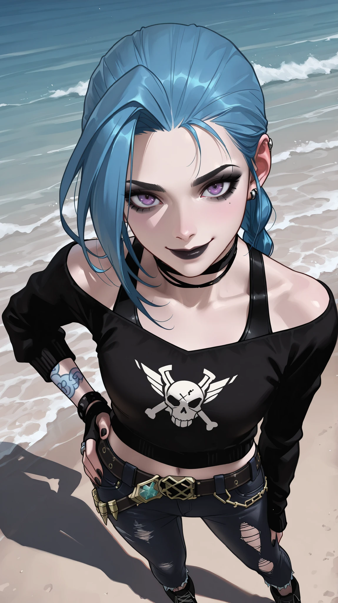 masterpiece, best quality, amazing quality, newest, very aesthetic, 1girl, an intense, evocative portrait from (arcane) art-style,jinx from \(arcane\),emo make up,black lips,black eyeshadow,black of-shoulder sweater,black short jeans,earring,silver rings,siver skull belt,black nails,black air force one shoes,one hand on hip,smile,looking at the viewer,view from above,view from up,ocean background,
