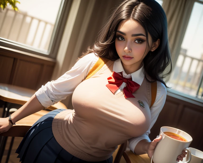 Masterpiece* portrait, realistic, 3D face, glossy skin, ik1, 1girl, tall, (thong with black hair, no shirt underwear, bow tie, red bow, open unbuttoned super short gray blazer)), huge breasts, buttocks, smile, close-up, outdoors, ((classroom, chemistry room))