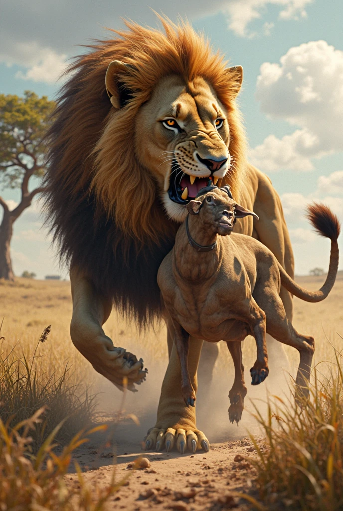Lion standing on a dead buffalo