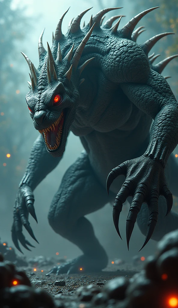 Realistic photos, RAW Photos, monster of the goblin king world, attacks viewer, Powerful movements, jump on prey, ((Dynamic jump)), Sharp Claws, monster of the demon world , ice magic,approaching from above, sudden approach, Bad-tempered, dynamic Shot from grand, flame magic,High resolution, masterpiece, Highest quality, Intricate details, Very detailed, Clear focus,texture, Delicate eyes, Professional, 4K,Shallow and deep, Kodak Vision Color, Exactly, Very detailed, photograph_\(Extremist\), photographpractical, practical, Post-processing, Maximum details, Roughness, Real Life, Extremist practical, Photorealism, photographgraphy, 8K Ultra HD, photographgraphy