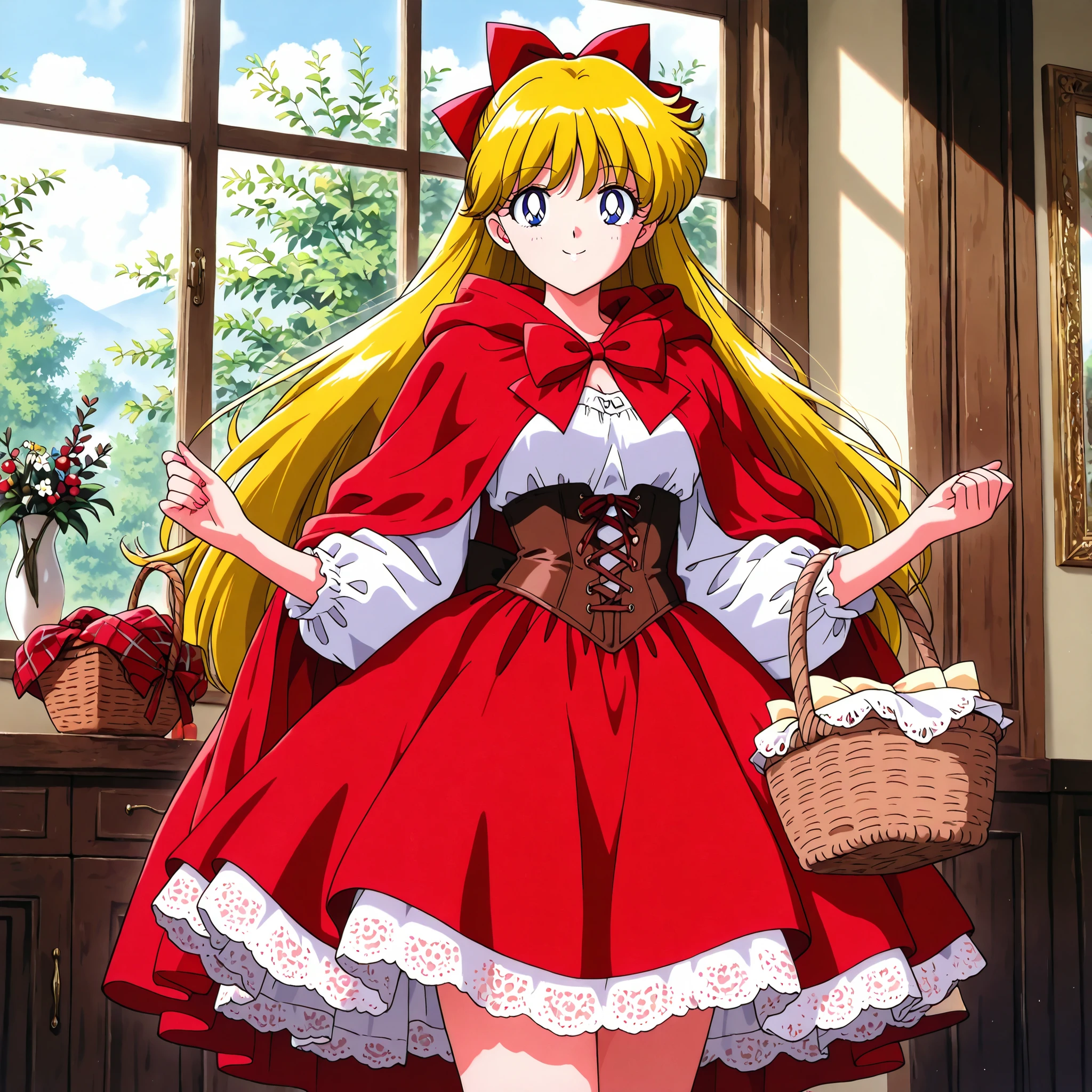 masterpiece, best quality, very aesthetic, absurdres, airbrushed shading, fashion model proportions, solo, minako aino, blonde hair, blue eyes, hair bow, long hair, bright smile, little red riding hood, red dress, basket, skirt, corset
