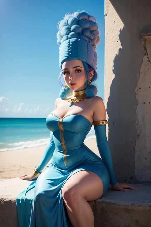masterpiece, best quality, 1girl, solo, giant, giant, (((towering over you))), (full body), midler, earrings, necklace, headband, yellow scarf, star-shaped pastels, breasts large, yellow thong, sandals, sitting, sand, desert, sky, sun, sideways