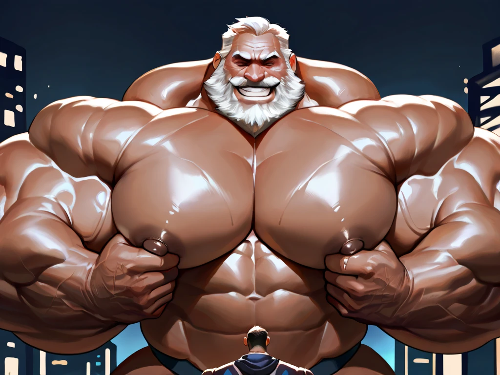 (best quality, 4k, highres, masterpiece:1.2), ultra-detailed, (realistic, photorealistic, photo-realistic:1.37), massive muscular, huge muscular, chubby old man, standing in photo studio, flexing pectoral muscle, shorts and shoes, white hair, wrinkled face,  super thick arms, super big pectoral, super wide pectoral, topless, shirtless, thick eyebrows, impressive beard, strong jawline, kind eyes, strong arms, proud posture, well-built physique, professional lighting and backdrop, intense shadows, vibrant colors, dramatic composition, gritty texture, vintage aesthetic, dynamic perspective.