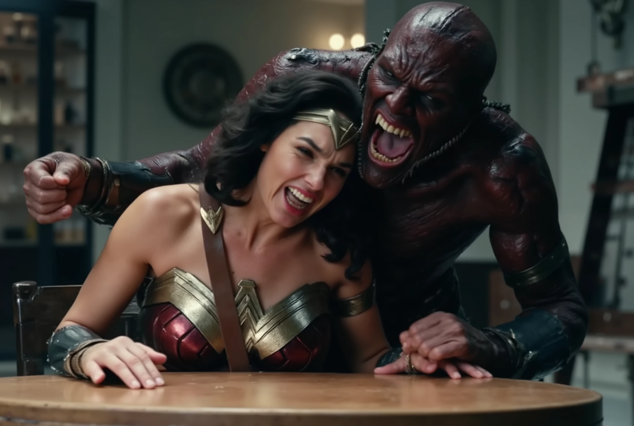 Gal Gadot as Wonder woman, both hands on table, she is bend over ,a monster doing sexual intercourse from behind, she's crying, she's in pain shouting, fierce monster fucking harder and harder,