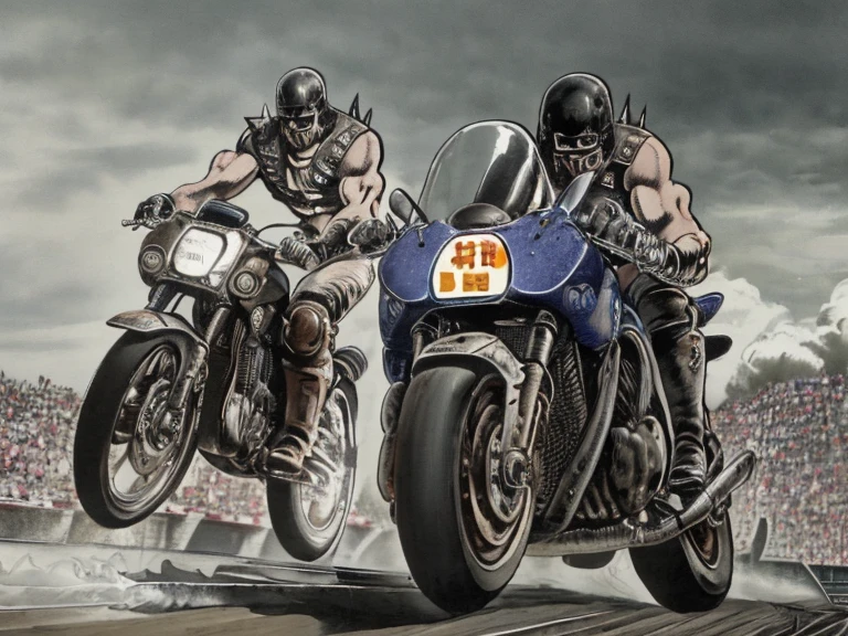 Jagi from Fist of the North Star、Many Mohawk men in racing cars、Mohawk Thieves Flying in the Distance、Mr.々A car with a unique design with such attachments、runs at high speed、expression of fear、hatred、realistic、A production with a sense of speed、shout、Dust cloud、Race venue with lots of spectators、Mario Kart、masterpiece、Best Quality、uncensored