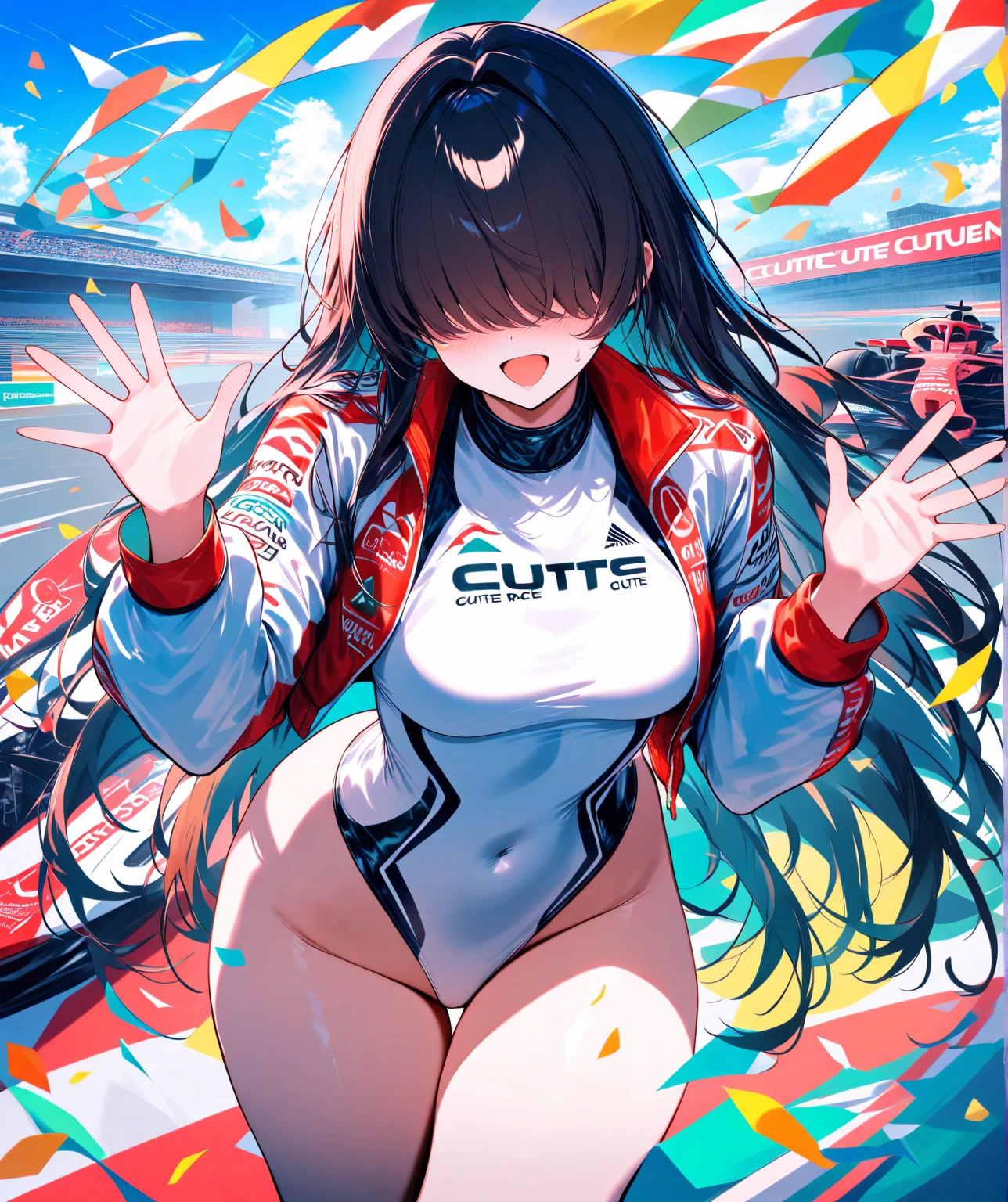1girl, solo,underwaterbrown hair, brown eyes, parted lips, long sleeves, jacket, simple background, upper body, red background, looking at viewer, teeth, red jacket, lips, cosplay, full body, smile,motorbike