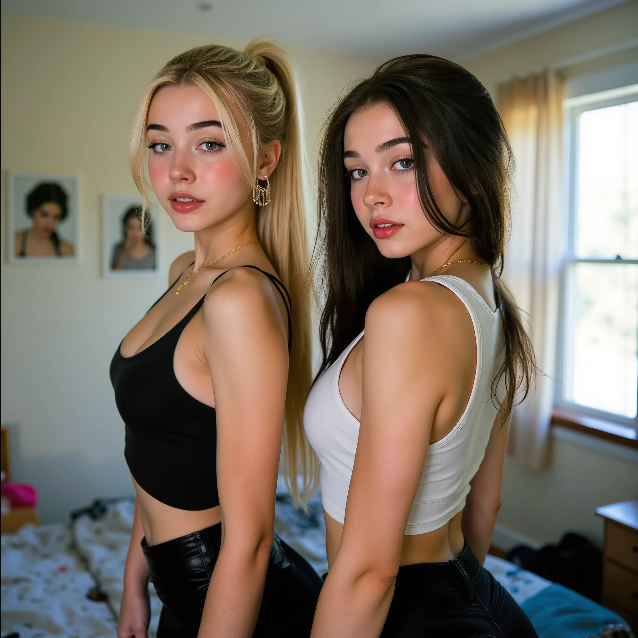 (photorealistic, film grain, kodak portra, sharp detail) portrait of 2 girls in college dorm room, standing and showing off ass and curves, soft even lighting, 19 years old, perfect detailed eyes, blonde and black hair, ponytail, pigtails, view from side, looking at viewer, piercing blue eyes, tank top, skirt, cleavage, small breasts, big hips, heavy make-up and mascara, red lips, hoop earrings