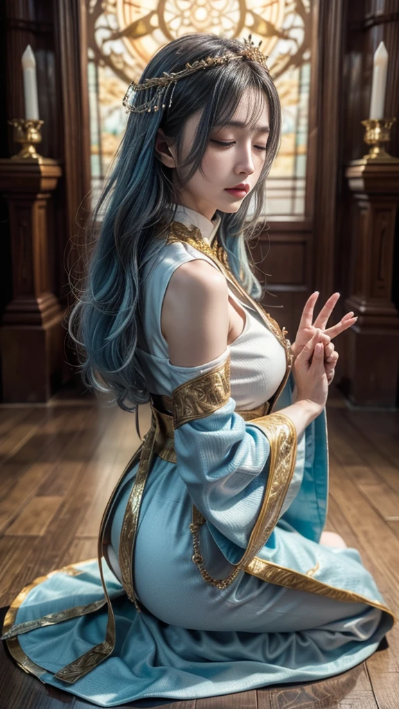 photorealistic, masterpiece, photorealistic, high resolution, soft light, waist up, blue eyes, white hair, long hair, sexy body, kimono