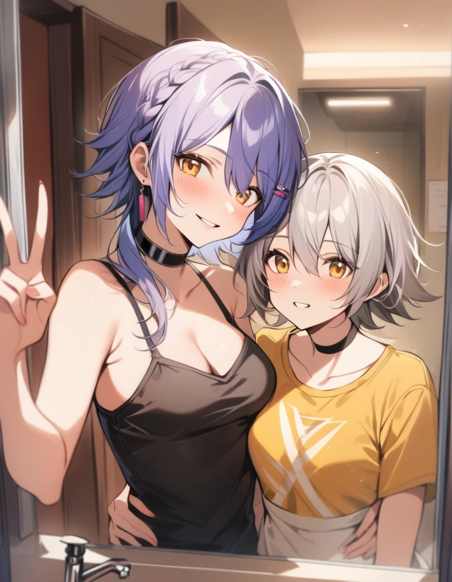 (masterpiece, top quality, very aesthetic, 4k、illustration), intricate detail, 2girls,Standing 、(cowboy shot)、forced smile、()、
Cute 、Random Hair Color、,middle hair,sidelock ,,Random eyes Color、Casual attire、small breasts、Slim 、