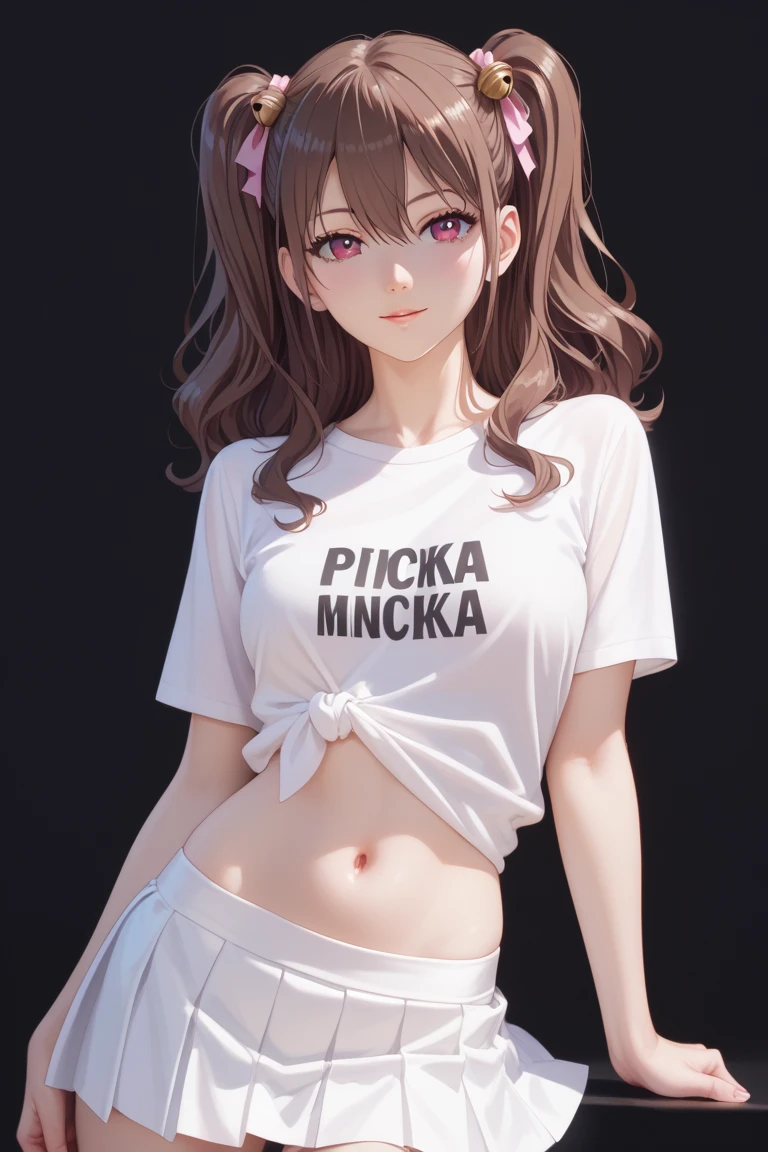 young woman, Brown hair (ponytail), big breasts, purple t-shirt, white cap, Brown eyes, danganronpa