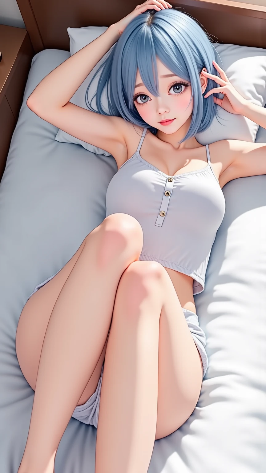 1girl, sentada na cama, in front of camera, pose sensual, melhor qualidade, 23 anos, seios enormes, (perna aberta:1.7), absurdos, ..3d, anime, chan, sorrindo, olho azul, Loire , cabelo comprido, (Billie Eilish)