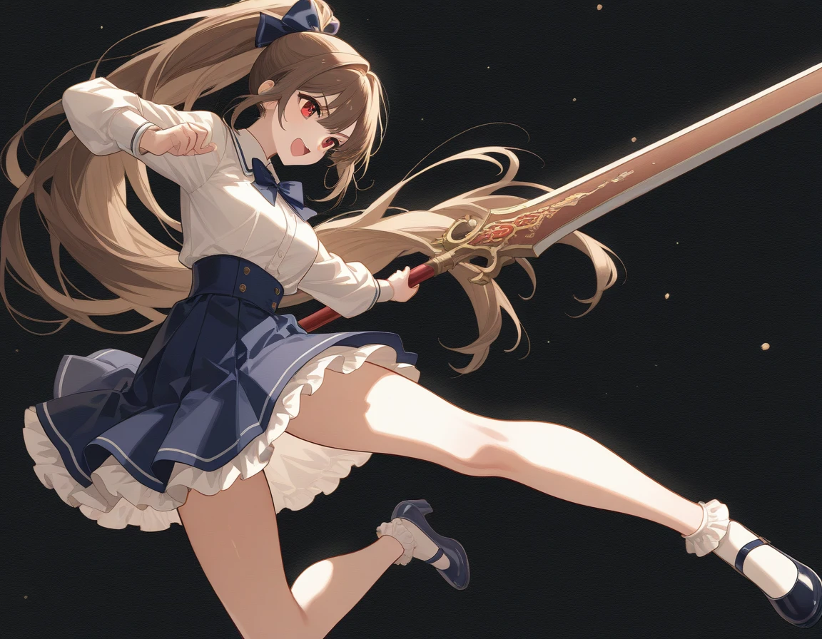 masterpiece, highest quality, Sophia Estido, Barrette, Pink Shirt, corset, Pencil Skirt, stockings, Knee-high boots, standing, ((Holding a sword in his right hand)), Combat pose、Spread your legs、Bend both knees slightly、Quiz Formula, Looking at the audience, rocky coast, big, null, (Squat、One knee:1.pread your legs:1.5)、((g white panties))、Gt、Showing off a white bra、Troubled face、climax、Excited、clor eyes、Open your mouth、Sword Drawing Technique, Battoujutsu、Red cheeks、Shirt lift