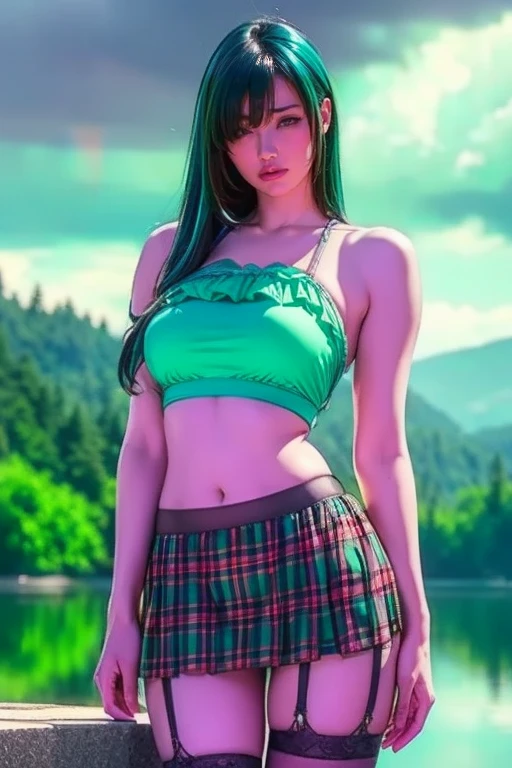(masterpiece), best quality, very aesthetic, expressive eyes, ultra detailed, intricate details, ((ultra realism, mature woman, 1girl, looking at viewer, cosplay themed, shiny skin, in the desert, matari cosplay from naraka bladepoint, close up, arched back, armpits, wearing a dark green crisscross longuette, cotton clothes, crisscross green bands on waist, waist decoration, tiara, cleavage, golden leglet, side slit, navel, arms behind head, necklace, earrings, dark green stockings, striking a elegant dance pose, dark green shorts, navel piercing, sleeves, bare shoulders, cozy vibes, soft blush, moan, arabian vibes, small breasts)), (aqua eyes, black hair, rin tohsaka, long hair, hair down, parted bangs, blue eyes),
