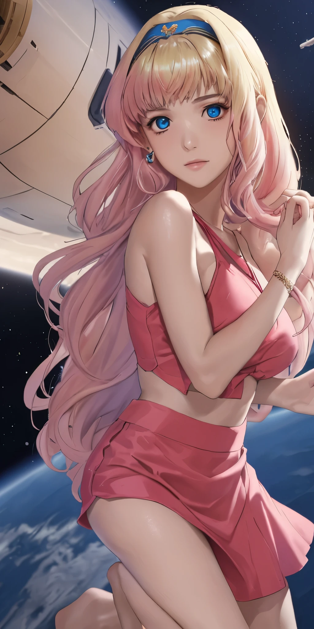 nsfw, Score_9, Score_8_up, Score_7_up, Score_6_up, Score_5_up, Score_4_up, Tag1, Tag2, Quality_masterpiece, (masterpiece, detailed:1.2), 32k, RAW photo 8k wallpaper, extremely detailed CG, romantic, beautiful detailed face, an extremely delicate and beautiful, super fine illustration, intricate detailed clothes, Absurd res, Anatomically correct, Beautiful face, Perfect face, Highly detailed beautiful face and eyes, Attractive face, Detailed face, Delicate facial features, Detailed skin, large breasts, Slender, shiny skin, shiny, Oily skin, Mole under eye, Eyelashes, expressionless, Looking pleasured BREAK Rating_explicit, beautiful fingers, beautiful nail, breasts focus, straight-on, upper body, front view, Lysis, , (sherly nome, multicolored hair, gradient hair, blonde hair, pink hair, long hair, medium breasts, blue eyes, mature woman, shirt, skirt, sunglasses, headband, , Sheryl Nome - Macross Frontier), BREAK, (in air:1.5), (flying:1.5), arched back, (beautiful jumping form:1.5), fold knees, , dynamic angle, dynamic pose, looking at viewer, , BREAK, (Great view, Hyperrealism artstyle, detailed_background, space_backround, spacecraft, military vehicle, warship, galaxy earth, landscape), , (A speech bubble reads, "heart":1.2)