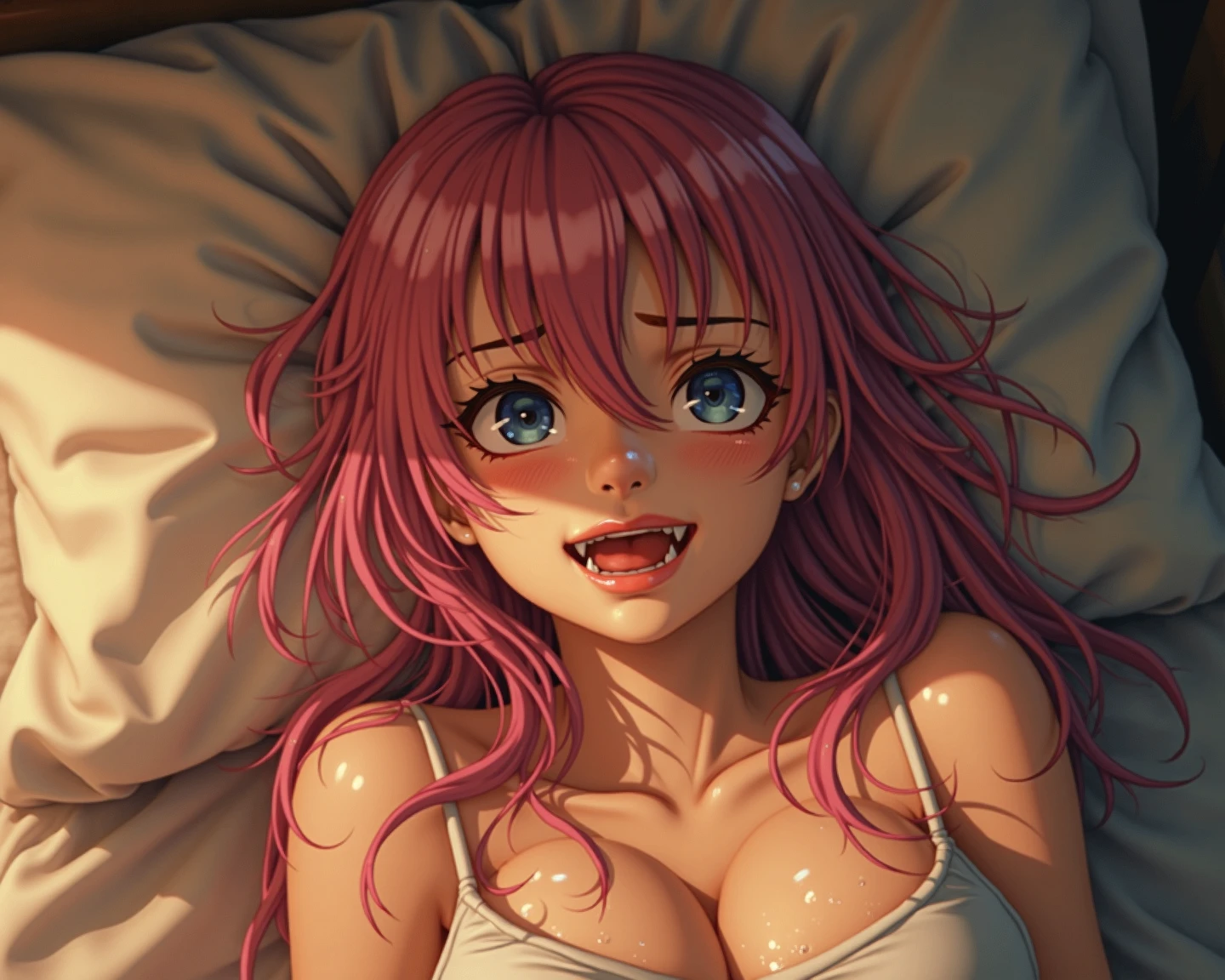 ((Browsing Caution:1.4, masterpiece, highest quality, High resolution, 超High resolution, Perfect Pixel, Depth of written boundary, 4K, RTTX 10.0, High resolution))), (One girl:1.3), Beautiful Anime Girls, Beautiful art style, Anime characters, ((Long Hair, bangs, Dark brown hair, Twin tails)), ((Beautiful eyelashes)), ((Detailed face, Blushing:1.2)), ((Smooth texture:0.75, Realistic texture:0.5, Anime CG Style)), ((Beautiful and large breasts, Cleavage)), indoor, Bedroom, Perfect body, Slender body, (Underarm:1.4), (((Lying face up in bed:1.6), sleepy, Open your eyes, Sleeping pose:1.2)), ((cute, Sighing expression)), ((Stylish pink satin lingerie with lavish embellishments:1.3), (Pink base with white lace), (Pink-based white lace panties)), (Natural light, Reflection of light, Morning Scenery, Perfect lighting),(Open your mouth wide:1.5), Breathe with your shoulders, sexual pleasure expression, Holding in pee、Patience is the limit、On the brink of climax, (Perfect Anatomy, Perfect number of arms, Perfect hands)、(cum on face:1.7), A 'Phew' sound, I can't drink it all, belly button, Surprised expression