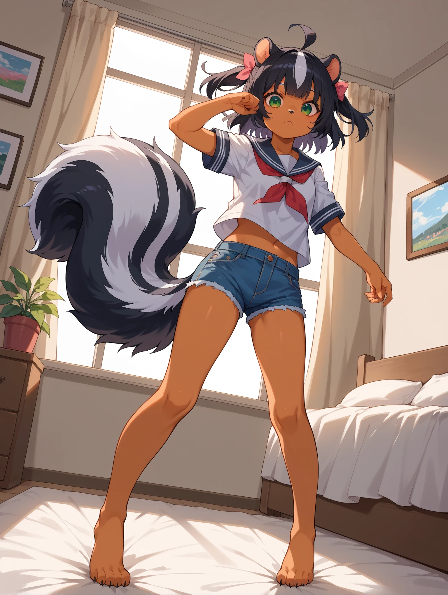 Kitsune, woman, shoulder length hair, black hair, black fox ears, cute face, brown eyes, big eyes, beautiful eyes, brown skin, adorable smile, petite body, small breasts, small waist, wide hips, large butt, thick thighs, small feet, black tail, fox tail, fluffy tail, large tail, royal blue skirt, royal blue bowtie, royal blue headband, white blouse, long sleeve blouse, button up blouse, thigh socks, white socks, bug pupils, hands on hips, confident pose, loving eyes