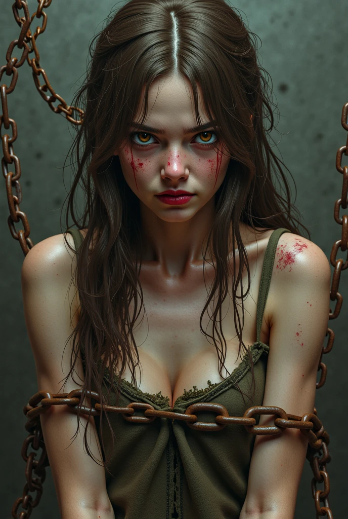 (whole body:1.5),dark dungeon background octane rendering, 8K, best quality, masterpiece, illustration, extremely delicate and beautiful, detailed,extremely detailed,CG,Unite,wallpaper,Astonishing, fine details, realistic art: 1.2 ,masterpiece, best quality, official art, extremely detailed CG Unite 8K wallpaper, Rachel Cook, , black leather underwear and corset, hands tied behind back, mouth gagged, worried expression, dark hair, green eyes, pretty symetrical face, oily wet skin, tanned skin, thin waist, narrow hips, large breasts squeezed underneath her, Realistic photos ,perfect female figure,