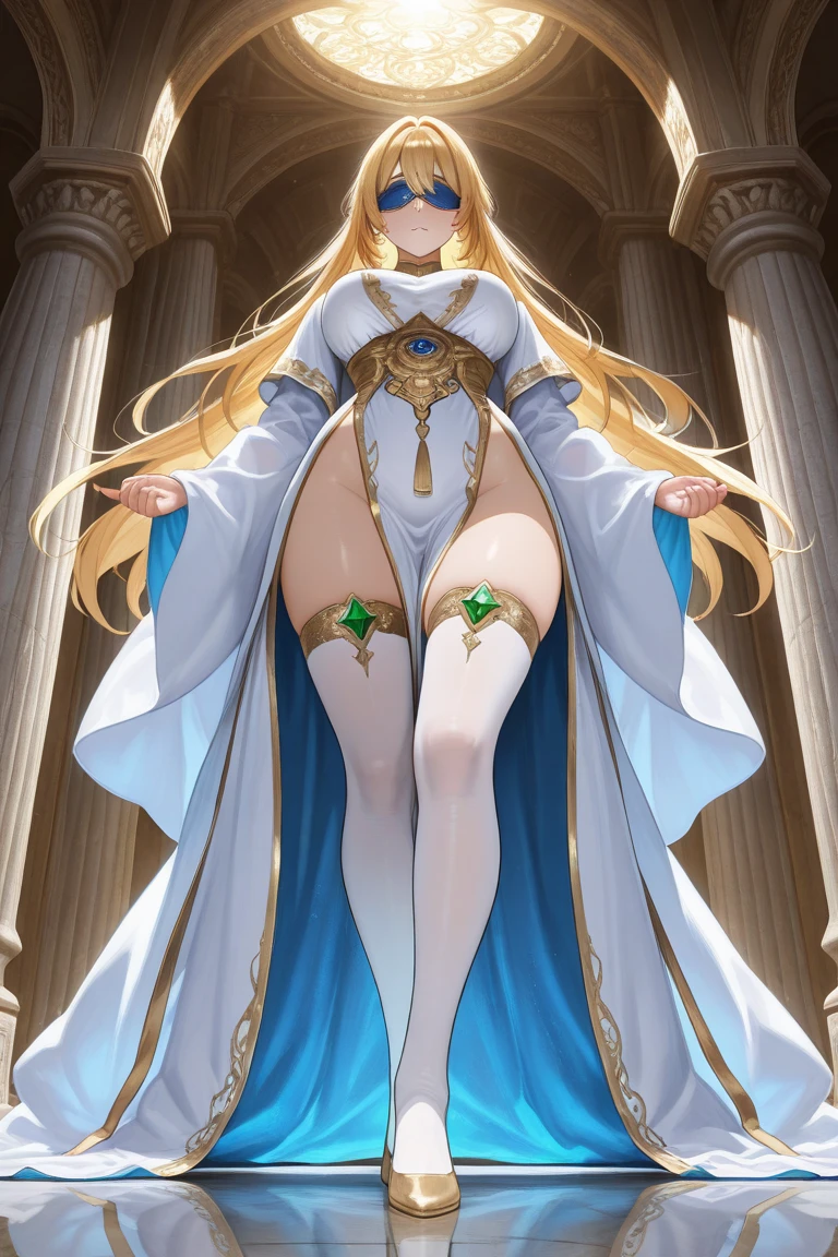 17yo girl, elf, golden hair, hime cut, long hair, J cup breast, thicc thigh, erotic body, golden string pasties on tits, golden pasties on pussy, golden bracelets, golden collar, golden necklaces, golden cape, golden tiara, golden heels, walking, gorgeous, side view, castle hall scene,