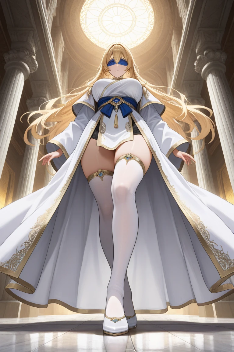 (Oda non style),(8K, best quality, masterpiece:1.2),\(Eye details\),\(Facial features details\),(\(Clothes details details\)\),(1 girl:1.3),独奏,full body,36 years old,mature female,((milf)),tall and giant body,((blonde hair)),gray pupil,(long straight hair:1.2),((middles bangs)),(large breasts),medium_breasts,(Pointed and firm breasts),Long legs.battle nun,(Sexy nun dress:1.2)+(thigh large outcuting:1.25),bare thigh,high heels.{The character is in a sacred church},
