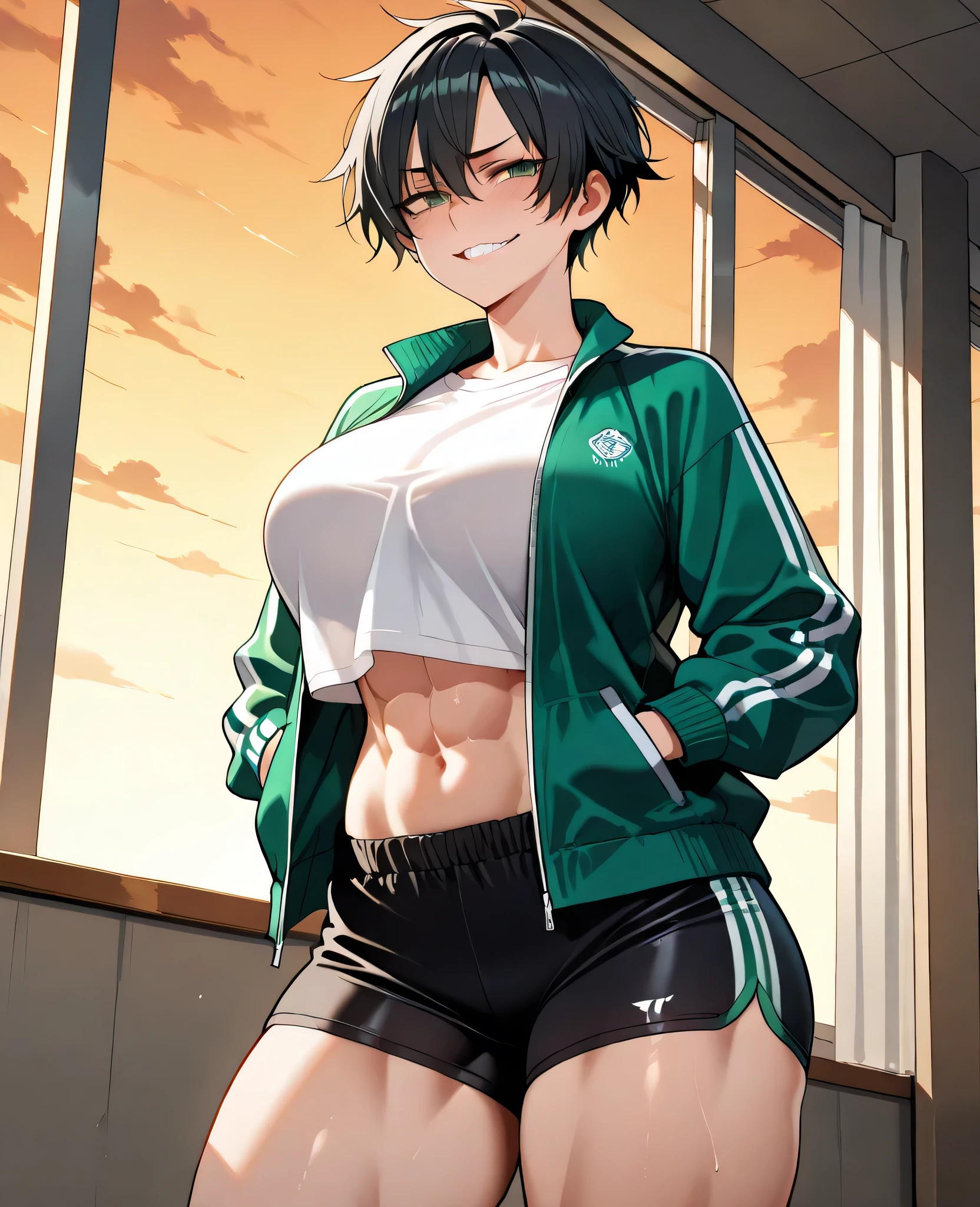 Woman, tomboy, black hair with white tips, beautiful, tomboy hair, tall height, curvy thighs, grey-green eyes, wavy hair, hair between eyes, toned hips, thin waists, toned ass, big breasts, athletic, abs, detailed eyes, detailed face, detailed body, adult, detailed school corridor, detailed eyes, make up, white crop t-shirt, black sport jacket, black loose sports shorts, detailed image, bully, solo, evening, evil wide grin, standing, looking at viewer, front view, disgusted, hands in pockets, head thrown side, from below