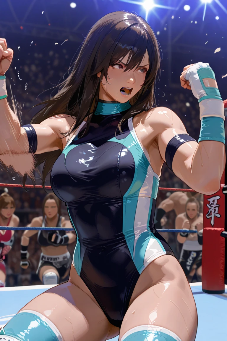 highest quality、complete limbs、full finger、one beautiful woman、black haired woman、straight hair woman、female professional wrestler、((A woman wearing a navy blue one-piece school swimsuit:1.3))、((woman wearing brown pantyhose:1.3))、((Pro wrestling))、fighting stance、A woman fighting a male professional wrestler、big smile